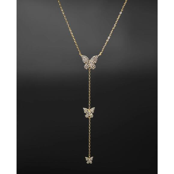 Three Butterfly Lariat Necklace Drop Down Y Statement Necklace - Picture 1 of 4